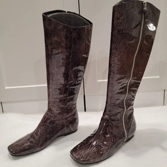 Ecco Patent Leather Riding Long Boots Zipper All season - Gray Brown Size 8
